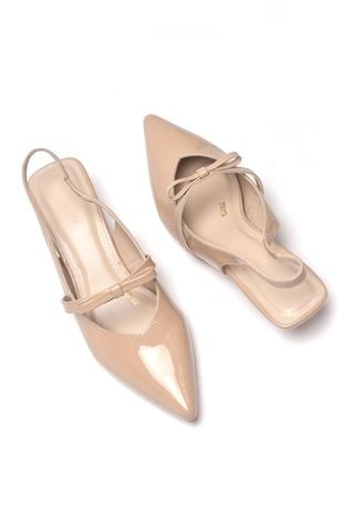 Giày Đi Tiệc Nude Mũi Nhọn Quai Ngang Đính Nơ Đế Thấp 3cm Merly 1602 Kem Bóng, Giày Cao Gót Big Size, Giày Cao Gót Slingback Hở Gót, Giày Đế Thấp 3p