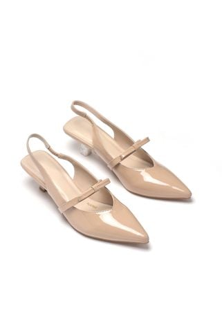 Giày Đi Tiệc Nude Mũi Nhọn Quai Ngang Đính Nơ Đế Thấp 3cm Merly 1602 Kem Bóng, Giày Cao Gót Big Size, Giày Cao Gót Slingback Hở Gót, Giày Đế Thấp 3p