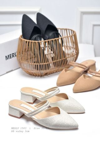 Giày Sục Nữ Mũi Nhọn Đế Vuông Gót Cao 3cm Hai 2 Quai Ngang Thương Hiệu Merly 1583 Màu Đen Bố, Giày Nữ Big Size 35 - 43