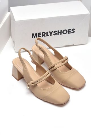 Giày Cao Gót Đế Vuông 5cm Mũi Vuông Hở Gót Slingback, Giày Nữ Công Sở Êm Chân, Giày Cao Gót Big Size Merly 1588 Kem Nâu (Nude), Giày Búp Bê Cao Gót Có Quai Ngang