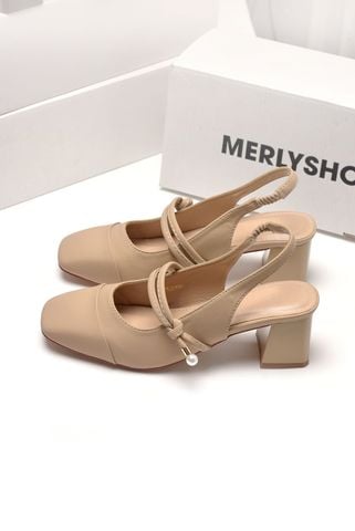 Giày Cao Gót Đế Vuông 5cm Mũi Vuông Hở Gót Slingback, Giày Nữ Công Sở Êm Chân, Giày Cao Gót Big Size Merly 1588 Kem Nâu (Nude), Giày Búp Bê Cao Gót Có Quai Ngang