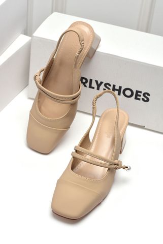 Giày Cao Gót Đế Vuông 5cm Mũi Vuông Hở Gót Slingback, Giày Nữ Công Sở Êm Chân, Giày Cao Gót Big Size Merly 1588 Kem Nâu (Nude), Giày Búp Bê Cao Gót Có Quai Ngang