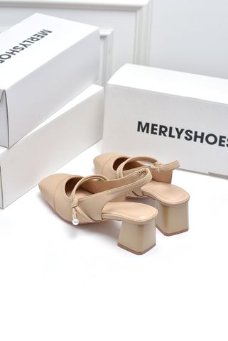 Giày Cao Gót Đế Vuông 5cm Mũi Vuông Hở Gót Slingback, Giày Nữ Công Sở Êm Chân, Giày Cao Gót Big Size Merly 1588 Kem Nâu (Nude), Giày Búp Bê Cao Gót Có Quai Ngang