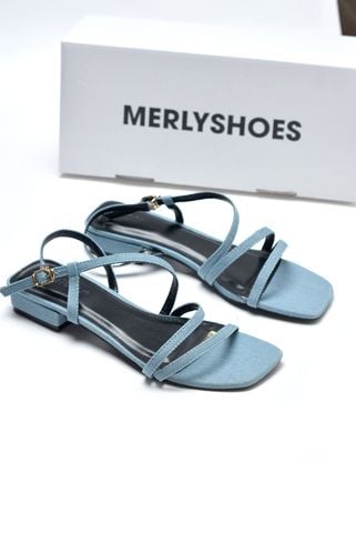 Giày Sandal Nữ Dây Mảnh Đế Vuông 2cm Merly 1590 Xanh, Xăng Đan Nữ Big Size 35-43, Dép Sandal Nữ Màu Xanh Jean