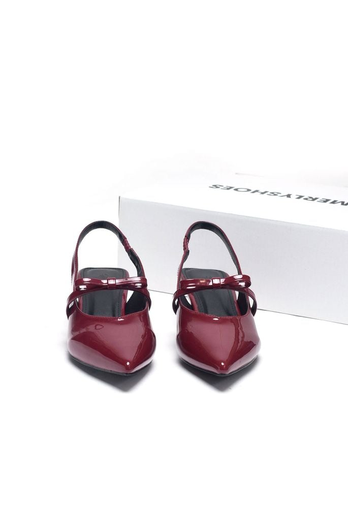 Giày Cao Gót Đỏ Slingback 3cm Mũi Nhọn Quai Ngang Đính Nơ Merly 1602 Đỏ Bóng, Giày Cao Gót Big Size, Giày Bít Mũi Hở Gót, Giày Đi Tiệc, Giày Đế Thấp 3p, Giày Nữ Tết 2025