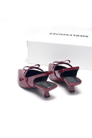 Giày Cao Gót Đỏ Slingback 3cm Mũi Nhọn Quai Ngang Đính Nơ Merly 1602 Đỏ Bóng, Giày Cao Gót Big Size, Giày Bít Mũi Hở Gót, Giày Đi Tiệc, Giày Đế Thấp 3p, Giày Nữ Tết 2025