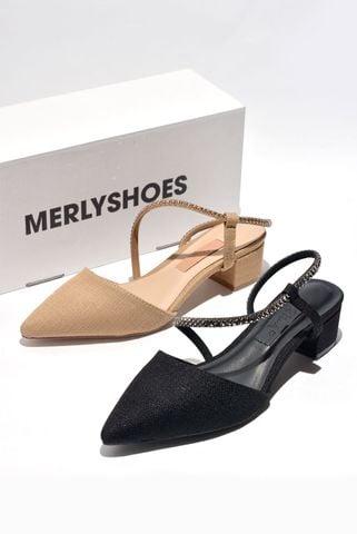 [Best Seller] Giày Cao Gót Đế Vuông Thấp 3cm Bít Mũi Hở Gót Dây Đính Đá Big Size 35 - 43 Merly 1047 Đen Đính Đá, Giày Đi Tiệc, Giày Mũi Nhọn, Giày Đế Vuông, Giày Slingback, Sandal Bít Mũi
