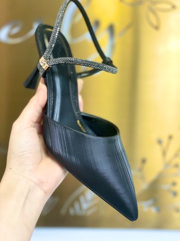 Giày Cao Gót Đi Tiệc Thấp 7cm Mũi Nhọn Quai Đính Đá Merly 1509-7p Đen Xước, Giày Cao Gót Bigsize 35-43 Slingback