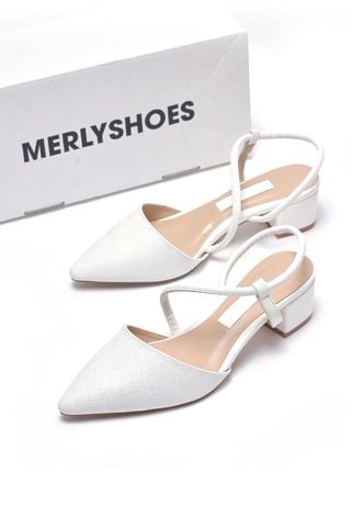 Giày Cưới Cô Dâu, Giày Trắng Nhũ Đi Tiệc Slingback Đế Vuông Thấp 3cm Merly 1047 Trắng Nhũ, Sandal Quai Hậu Bít Mũi, Giày Công Sở Nữ, Giày Đế Thấp Big Size, Giày Đi Tiệc, Giày Cao Gót Mũi Nhọn