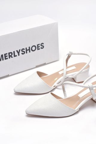 Giày Cưới Cô Dâu, Giày Trắng Nhũ Đi Tiệc Slingback Đế Vuông Thấp 3cm Merly 1047 Trắng Nhũ, Sandal Quai Hậu Bít Mũi, Giày Công Sở Nữ, Giày Đế Thấp Big Size, Giày Đi Tiệc, Giày Cao Gót Mũi Nhọn