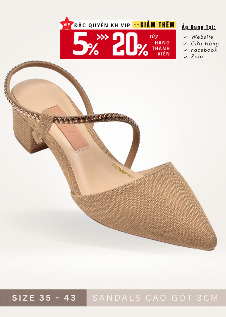 Giày Đế Thấp 3cm Bít Mũi Hỏ Gót Đế Vuông Dây Đính Đá Big Size 35 - 43 Merly 1047, Giày Nữ Big Size, Giày Màu Nâu Tây, Giày Đi Tiệc, Giày Mũi Nhọn, Giày Đế Vuông, Giày Slingback, Sandal Bít Mũi, Màu Nâu Vintage