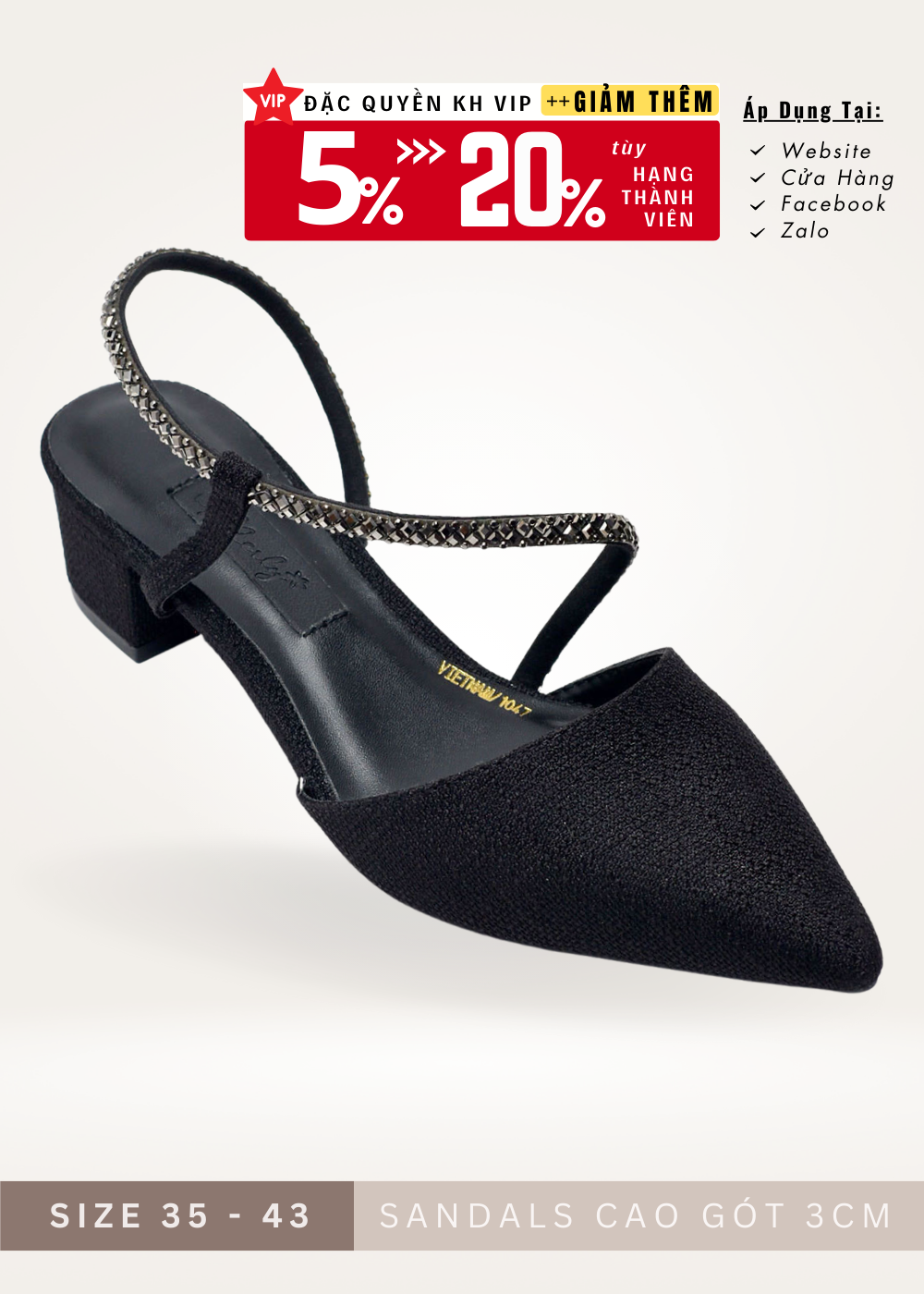 [Best Seller] Giày Cao Gót Đế Vuông Thấp 3cm Bít Mũi Hở Gót Dây Đính Đá Big Size 35 - 43 Merly 1047 Đen Đính Đá, Giày Đi Tiệc, Giày Mũi Nhọn, Giày Đế Vuông, Giày Slingback, Sandal Bít Mũi