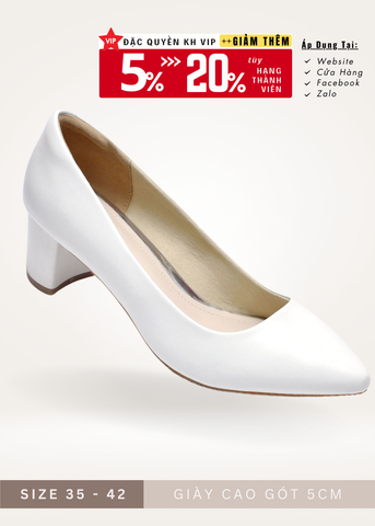 Giày Cao Gót Đế Vuông 5cm Trắng Mũi Nhọn, Giày Công Sở Nữ Êm Chân, Giày Da Nữ Công Sở, Giày Cao Gót Big Size Thương Hiệu Merly 1069 Trắng Mờ