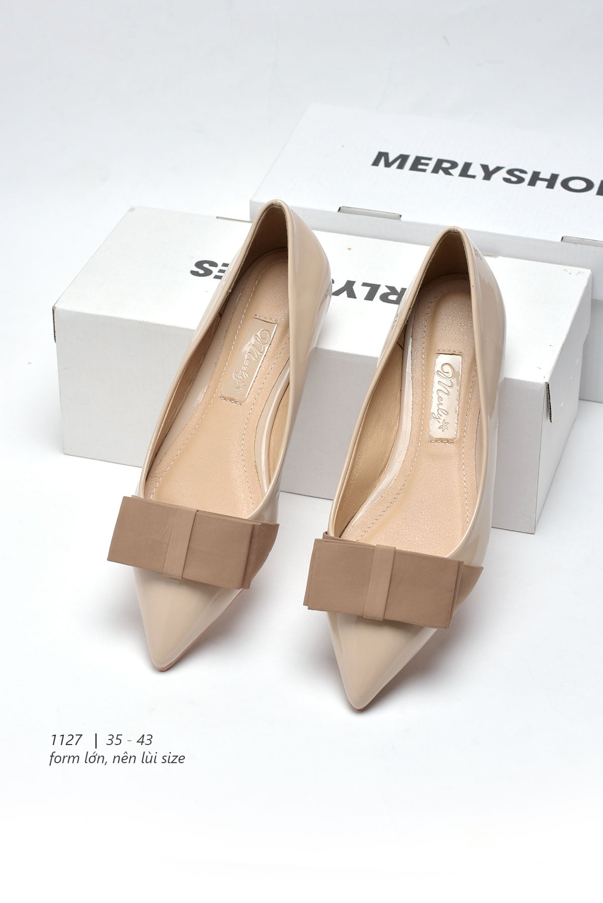 [Form Lớn] Giày Búp Bê Mũi Nhọn Nơ Lớn Merly 1127 Nude, Giày Nữ Màu Nâu Tây, Giày Bệt Nữ, Giày Bít Mũi Nữ, Giày Búp Bê Big Size, Giày Mũi Nhọn, Giày Công Sở Nữ Êm Chân