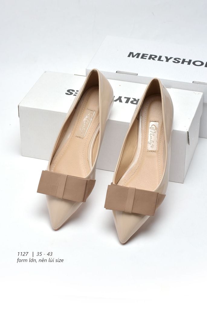 [Form Lớn] Giày Búp Bê Mũi Nhọn Nơ Lớn Merly 1127 Nude, Giày Nữ Màu Nâu Tây, Giày Bệt Nữ, Giày Bít Mũi Nữ, Giày Búp Bê Big Size, Giày Mũi Nhọn, Giày Công Sở Nữ Êm Chân