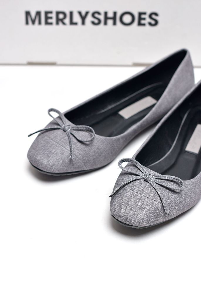 [Form Lớn] Giày Búp Bê Da Mũi Vuông Nơ Merly 1202 Big Size 35-43 Da Cao Cấp Màu Xám Jean, Giày Công Sở Nữ, Giày Bệt Nữ, Giày Mũi Vuông, Giày Búp Bê Bigsize