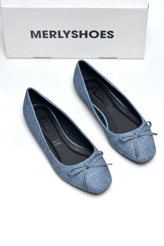[Form lớn lùi 1 size] Giày Búp Bê Da Mũi Vuông Nơ Màu Xanh Jean Da Cao Cấp Merly 1202 Big Size 35-43, Giày Công Sở Nữ, Giày Bệt Nữ, Giày Mũi Vuông, Giày Búp Bê Bigsize