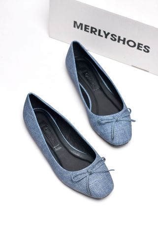 [Form lớn lùi 1 size] Giày Búp Bê Da Mũi Vuông Nơ Màu Xanh Jean Da Cao Cấp Merly 1202 Big Size 35-43, Giày Công Sở Nữ, Giày Bệt Nữ, Giày Mũi Vuông, Giày Búp Bê Bigsize