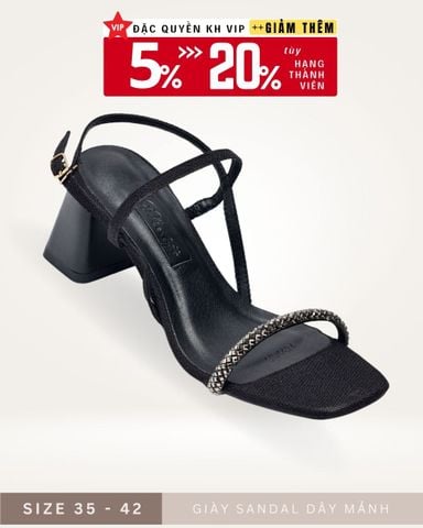 Giày Đi Tiệc Sandals Dây Đính Đá Cao Gót Đế Vuông 5cm - 6cm Đen Vải Bố Merly 1404, Xăng Đan Cao Gót Nữ, Xăng Đan Đi Tiệc, Giày Cao Gót Big Size Nữ