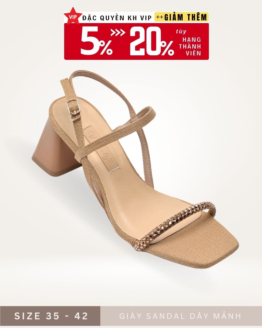 Giày Sandals Dây Mảnh Đính Đá Đi Tiệc Cao Gót Đế Vuông 6cm Màu Nâu Vintage Merly 1404 Nâu, Giày Cao Gót Big Size, Xăng Đan Cao Gót Đi Tiệc Nữ