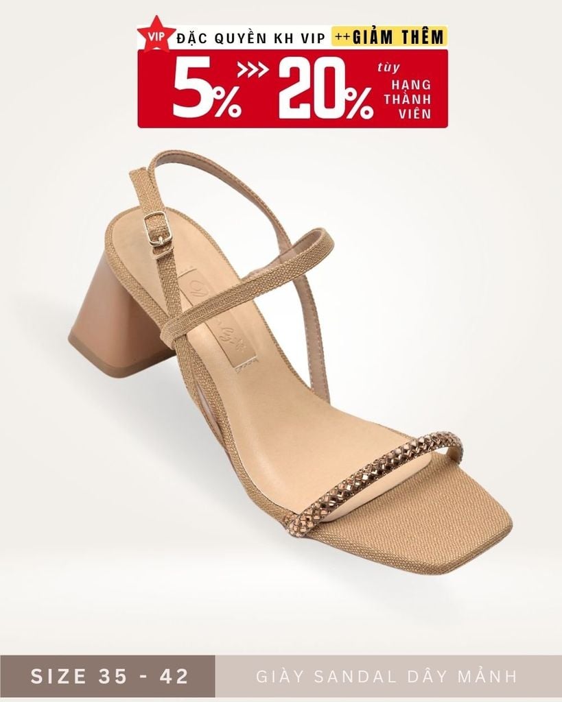 Giày Sandals Dây Mảnh Đính Đá Đi Tiệc Cao Gót Đế Vuông 6cm Màu Nâu Vintage Merly 1404 Nâu, Giày Cao Gót Big Size, Xăng Đan Cao Gót Đi Tiệc Nữ