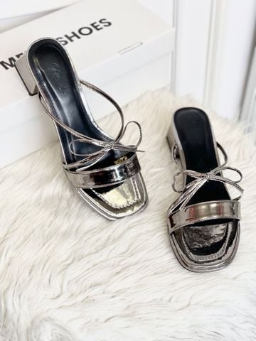 Guốc Nữ Quai Ngang Bản To Đế Vuông 3cm Màu Chì Bóng Nơ Dây Nhỏ Phong Cách Tiểu Thư, Dép Cao Gót, Guốc Nữ Big Size Merly 1596 Chì Metallic