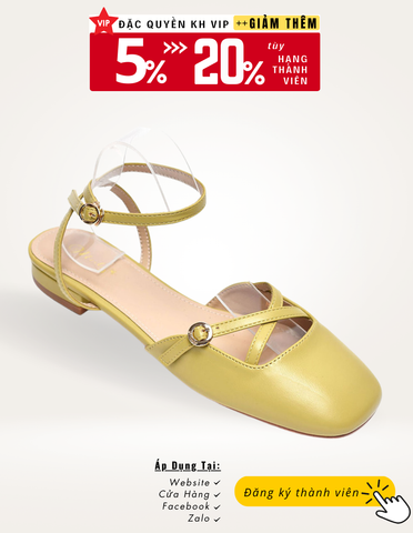 Giày sandal bệt nữ Merly 1451 Vàng, Giày xăng đan bệt mũi vuông, Giày Búp Bê Mũi Vuông, Giày Búp Bê Màu Vàng
