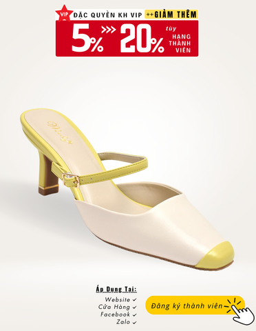 Giày Slingback nữ cao gót Merly 1466 Kem Vàng, Giày Cao gót Mui Vuông Gót Bẹt 7cm