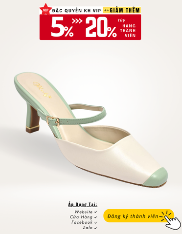 Giày Slingback nữ cao gót Merly 1466 Kem Xanh, Giày Cao gót Mui Vuông Gót Bẹt 7cm