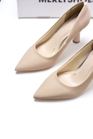 Giày Cao Gót Bít Mũi Nhọn 7cm Kem Nâu Micro Merly 1476, Giày Đi Tiệc Nhẹ Sang Trọng, Giày Cao Gót Big Size 35-43, Giày Công Sở Nữ