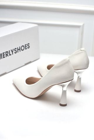 Giày Cao Gót Trắng Mũi Nhọn 7cm, Giày Cao Gót Đi Tiệc, Giày Cưới Cô Dâu Sang Trọng Merly 1476 Trắng Vân Xước, Giày Cao Gót Big Size