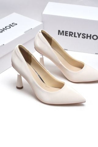 Giày Cao Gót Bít Mũi Nhọn 7cm Trắng Hạt Dẻ Sáng Da Big Size Merly