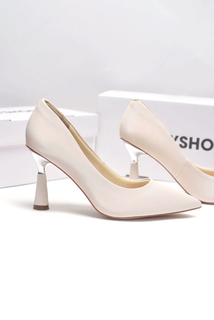 Giày Cao Gót Trắng Da Micro Bít Mũi Nhọn Gót Bạc 7cm Merly 1476 Trắng Kem, Giày Đi Tiệc Nhẹ Sang Trọng, Giày Cao Gót Big Size, Giày Đi Tiệc, Giày Công Sở Nữ