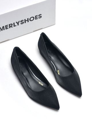 Giày Búp Bê Mũi Nhọn Đế Vuông 1cm, Giày Công Sở Nữ Êm Chân, Giày Bít Mũi Nữ Đế Thấp, Giày Bệt Nữ Big Size Thương Hiệu Merly 1488 Đen Vân