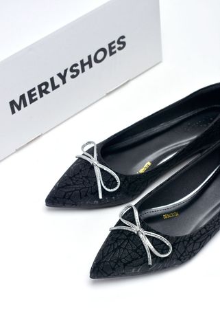 Giày Búp Bê Đi Tiệc Nơ Bigsize 35-43 Merly 1488 Đen Kim Sa Nơ, Giày Mũi Nhọn, Giày Đi Tiệc, Giày Bệt Nữ, Giày Nữ Big Size TPHCM