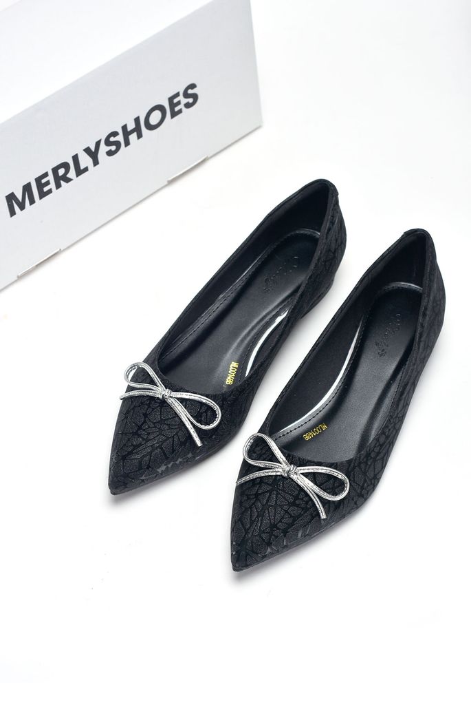 Giày Búp Bê Đi Tiệc Nơ Bigsize 35-43 Merly 1488 Đen Kim Sa Nơ, Giày Mũi Nhọn, Giày Đi Tiệc, Giày Bệt Nữ, Giày Nữ Big Size TPHCM