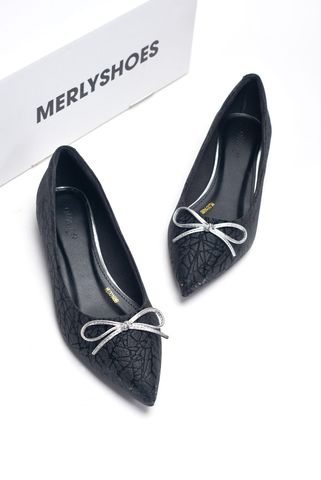 Giày Búp Bê Đi Tiệc Nơ Bigsize 35-43 Merly 1488 Đen Kim Sa Nơ, Giày Mũi Nhọn, Giày Đi Tiệc, Giày Bệt Nữ, Giày Nữ Big Size TPHCM