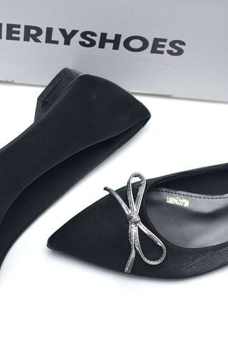 Giày Búp Bê Mũi Nhọn Nơ Nhí, Giày Đế Vuông Thấp Cao 1cm, Giày Công Sở Nữ Êm Chân, Giày Bít Mũi Nữ Đế Thấp, Giày Bệt Nữ Big Size Merly 1488 Đen Vân Nơ