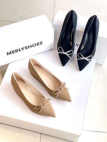 Giày Búp Bê Mũi Nhọn Nơ Merly 1488 Nâu Vân Nơ, Giày Đế Vuông Thấp Cao 1cm, Giày Công Sở Nữ Êm Chân, Giày Bít Mũi Nữ Đế Thấp, Giày Bệt Nữ Big Size