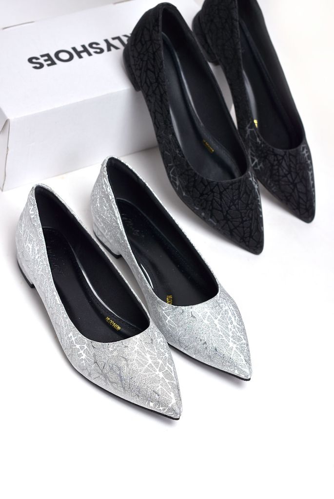 Giày Búp Bê Bạc Kim Sa Lấp Lánh Bigsize 38-43 Merly 1488 Bạc (Không Nơ) Giày Bệt Đi Tiệc, Giày Bigsize Đi Tiệc