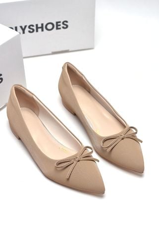 Giày Búp Bê Mũi Nhọn Nơ Merly 1488 Nâu Vân Nơ, Giày Đế Vuông Thấp Cao 1cm, Giày Công Sở Nữ Êm Chân, Giày Bít Mũi Nữ Đế Thấp, Giày Bệt Nữ Big Size