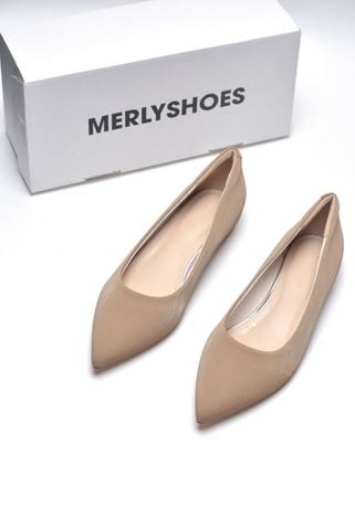 Giày Búp Bê Mũi Nhọn Nude Đế Vuông 1cm, Giày Công Sở Nữ Êm Chân, Giày Bít Mũi Nữ Đế Thấp, Giày Bệt Nữ Cao Cấp, Giày Nữ Big Size, Thương Hiệu Merly 1488 Nâu Vân