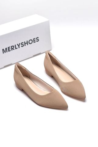 Giày Búp Bê Mũi Nhọn Nude Đế Vuông 1cm, Giày Công Sở Nữ Êm Chân, Giày Bít Mũi Nữ Đế Thấp, Giày Bệt Nữ Cao Cấp, Giày Nữ Big Size, Thương Hiệu Merly 1488 Nâu Vân