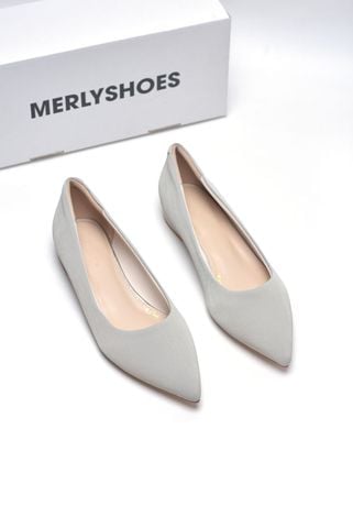 Giày Búp Bê Mũi Nhọn Đế Vuông Cao 1cm, Giày Công Sở Nữ Êm Chân, Giày Bít Mũi Nữ Đế Thấp, Giày Bệt Nữ Cao Cấp, Giày Nữ Big Size, Thương Hiệu Merly 1488 Xám Ghi Vân