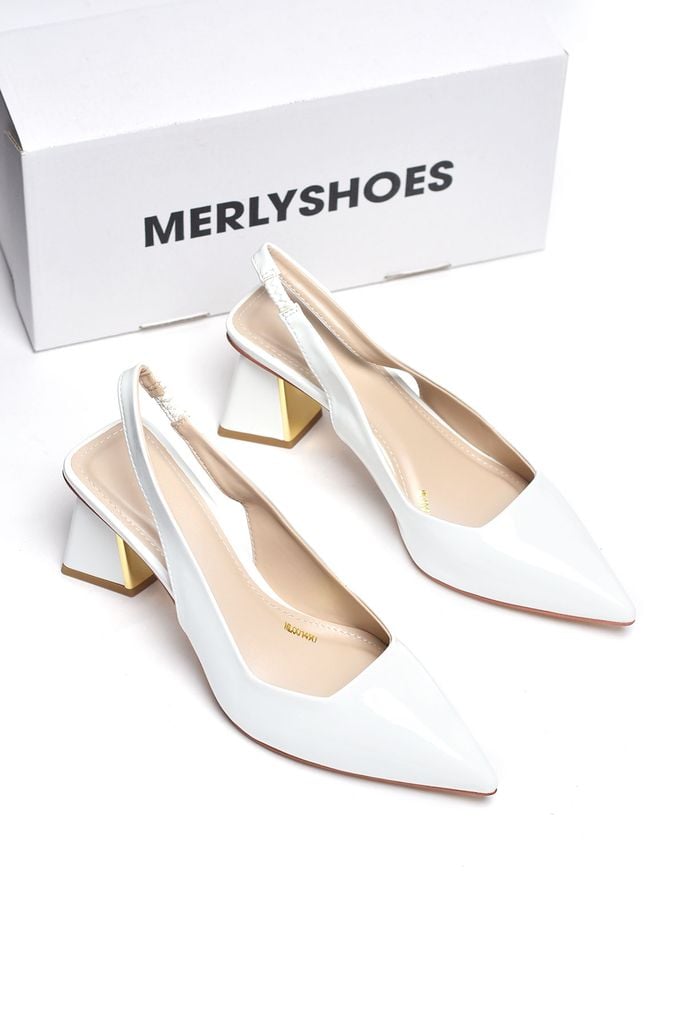 Giày Cao Gót Đế Vuông 6-7cm Trắng Mũi Nhọn Hở Gót Merly 1490 Trắng Bóng Big Size 35-43, Giày Mũi Nhọn, Giày Đi Tiệc, Giày Cao Gót Đế Vuông, Giày Slingback, Giày Cao Gót Big Size