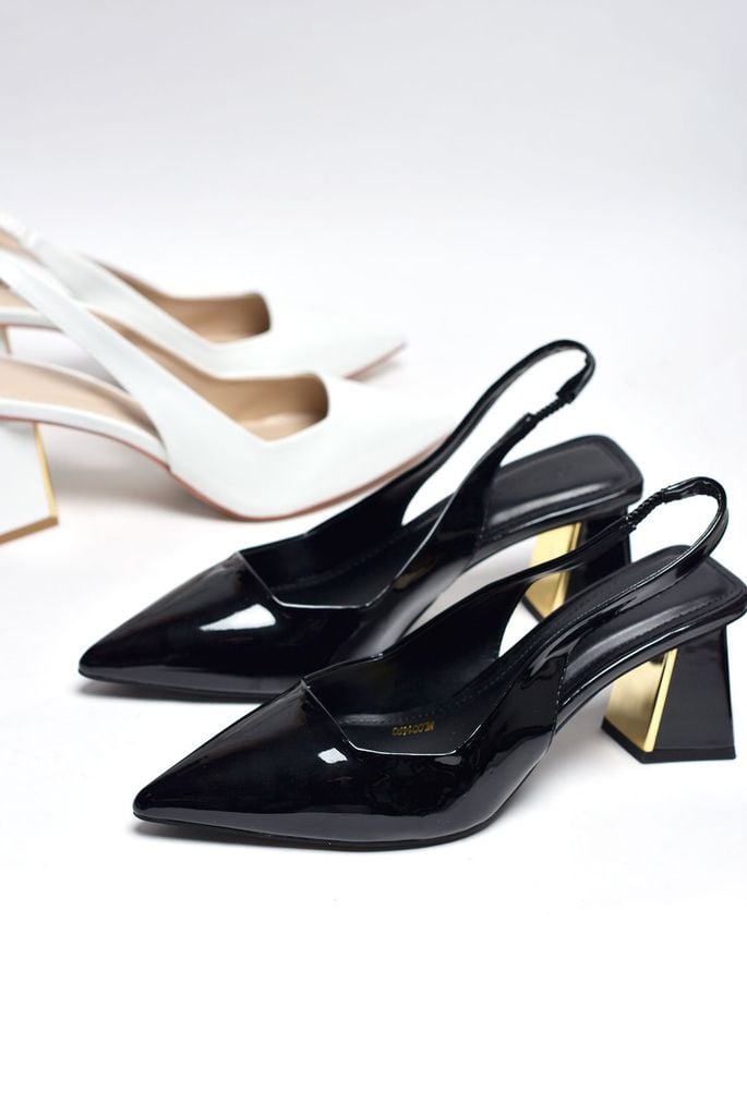 Giày Cao Gót Đế Vuông 6-7cm Đen Mũi Nhọn Slingback Merly 1490 Đen Bóng Big Size 35-43, Giày Mũi Nhọn, Giày Đi Tiệc, Giày Cao Gót Đế Vuông, Giày Slingback, Giày Cao Gót Big Size