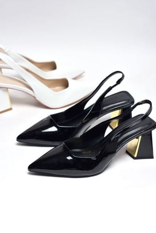 Giày Cao Gót Đế Vuông 7cm Đen Mũi Nhọn Slingback Merly 1490 Đen Bóng Big Size Slingback, Giày Cao Gót Big Size