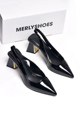 Giày Cao Gót Đế Vuông 6-7cm Đen Mũi Nhọn Slingback Merly 1490 Đen Bóng Big Size 35-43, Giày Mũi Nhọn, Giày Đi Tiệc, Giày Cao Gót Đế Vuông, Giày Slingback, Giày Cao Gót Big Size