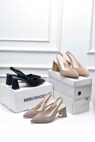 Giày Cao Gót Đế Vuông 6-7cm Slingback Bít Mũi Có Quai Hậu Hở Gót 35-43, Giày Cao Gót Đen Mũi Nhọn, Giày Công Sở Nữ, Giày Cao Gót Big Size, Thương Hiệu Merly 1490 Đen Vân