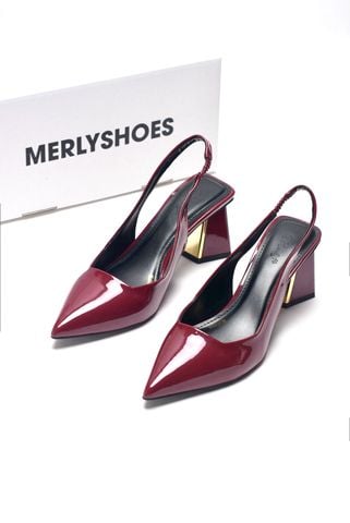 Giày Cao Gót Đỏ Đế Vuông 6-7cm Merly 1490 Big Size 35-43, Giày Mũi Nhọn, Giày Slingback Bít Mũi Quai Hậu Hở Gót, Giày Đi Tiệc